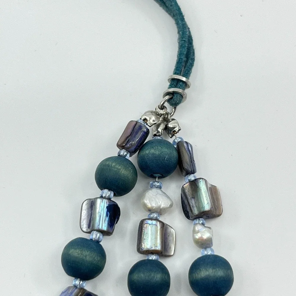 VTG Retro Boho Teal Multi-Strand Necklace Wood Mother Of Pearl Suede Y2K Coastal